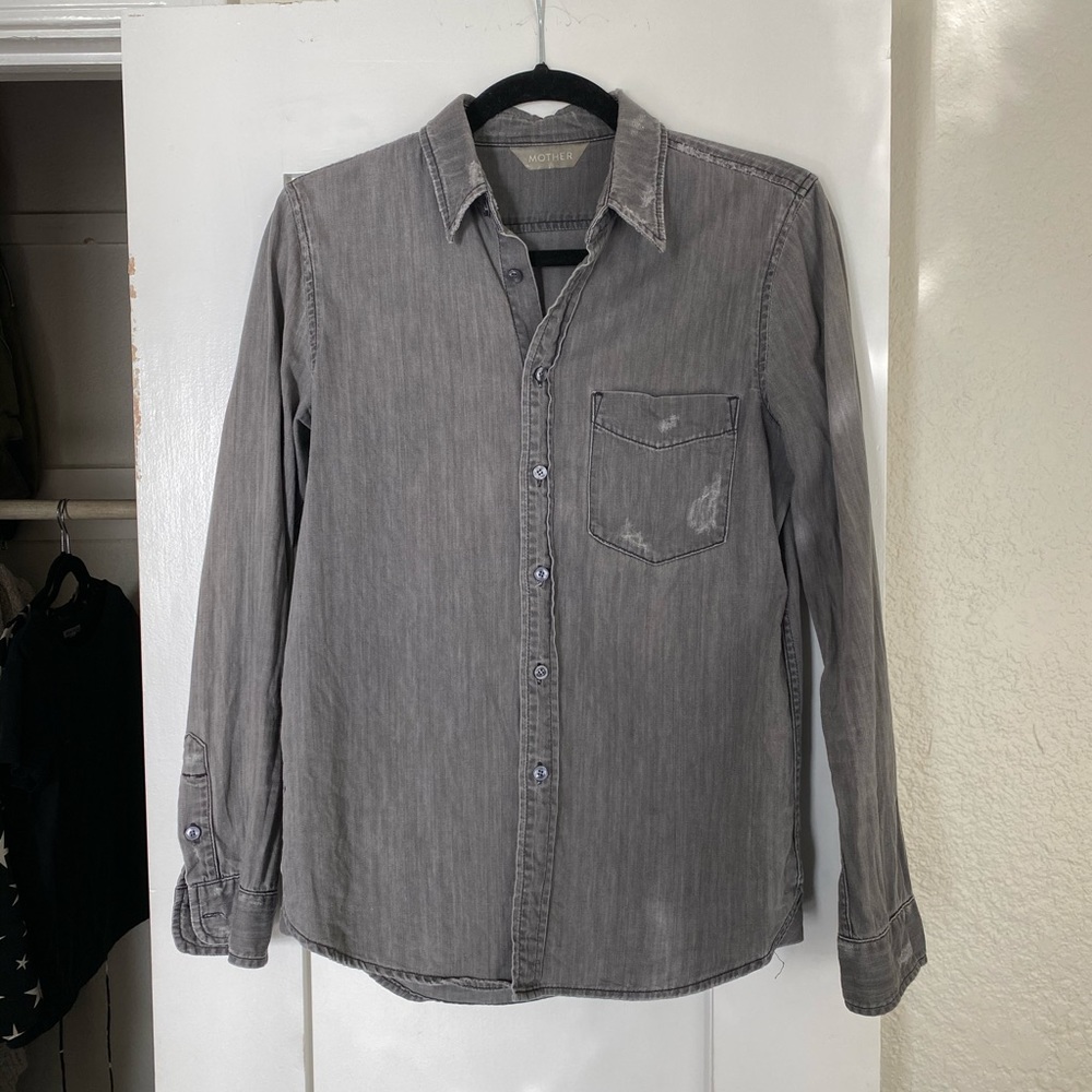 Mother distressed denim button down shirt